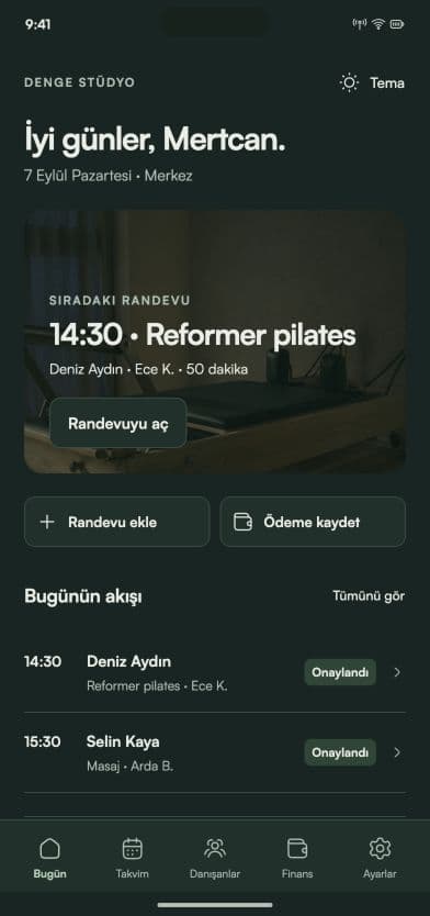 Corenta işletme sahibi ana ekranının Türkçe tasarım önizlemesi