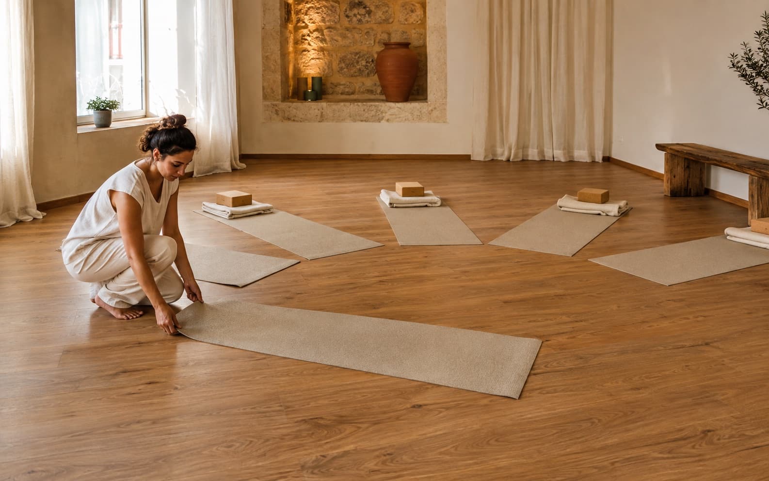 Wellness, masaj ve yoga alanında seans öncesi hazırlığı gösteren sentetik editorial sahne