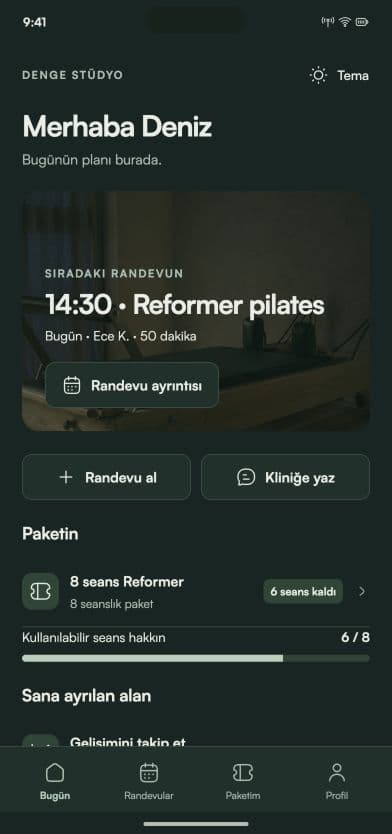 Corenta danışan ana ekranının Türkçe tasarım önizlemesi