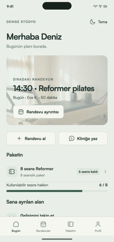 Corenta danışan ana ekranının Türkçe tasarım önizlemesi