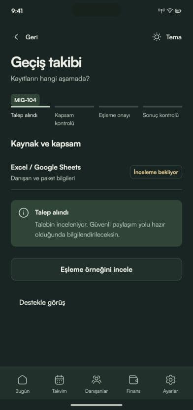 Corenta geçiş talebi ekranının Türkçe tasarım önizlemesi