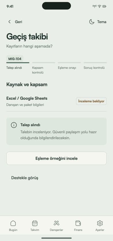 Corenta geçiş talebi ekranının Türkçe tasarım önizlemesi