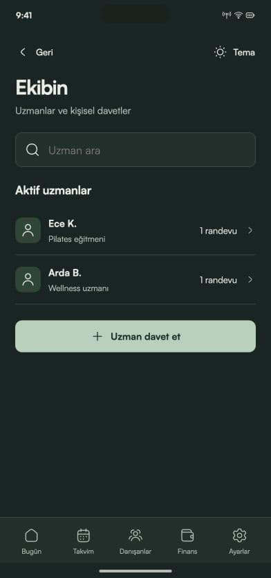 Corenta ekip ekranının Türkçe tasarım önizlemesi