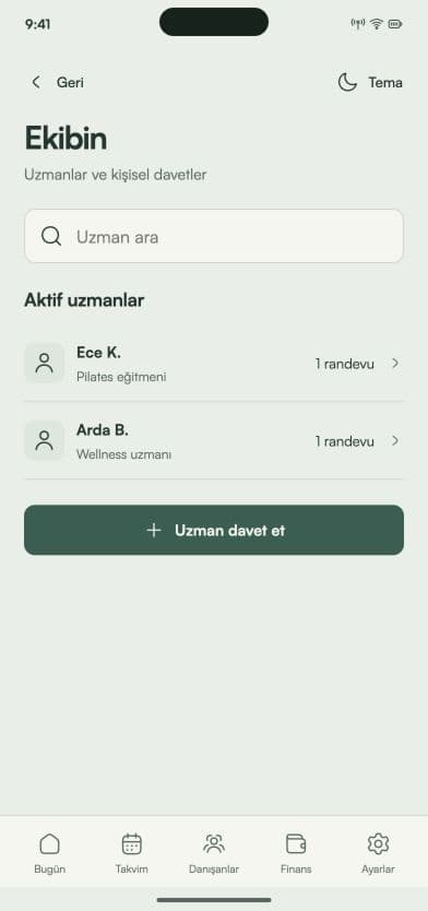 Corenta ekip ekranının Türkçe tasarım önizlemesi