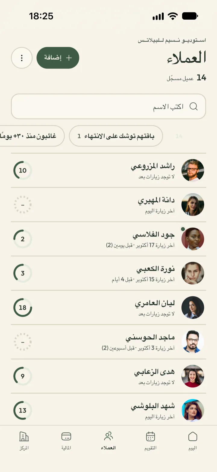 قائمة العملاء في Corenta مع البحث، وتصفية لمن تنتهي باقته قريبًا ومن غاب منذ مدة، وعدد الزيارات