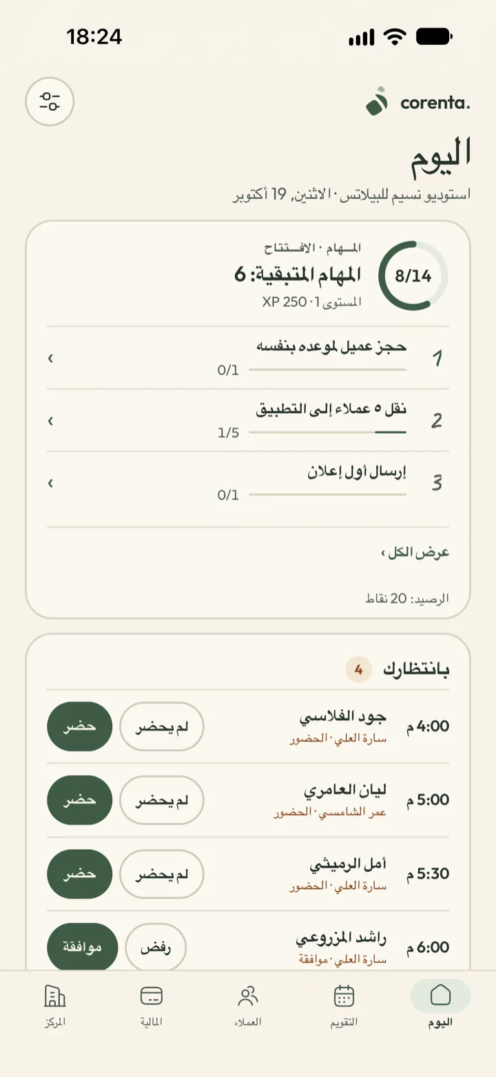 شاشة صاحب المركز في Corenta: 8 من 14 مهمة إعداد مكتملة، وطلب موعد واحد بانتظار الموافقة، ونسبة الإشغال اليوم