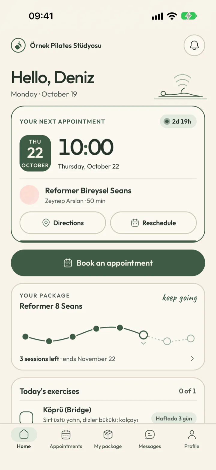 Corenta client home with the next appointment, a line showing sessions left, a book button and today's home exercise