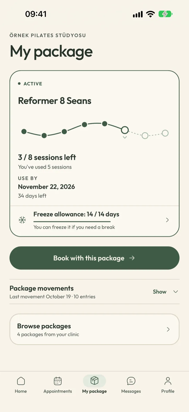 Corenta client pack screen with 3 of 8 sessions left, the end date and the freeze allowance