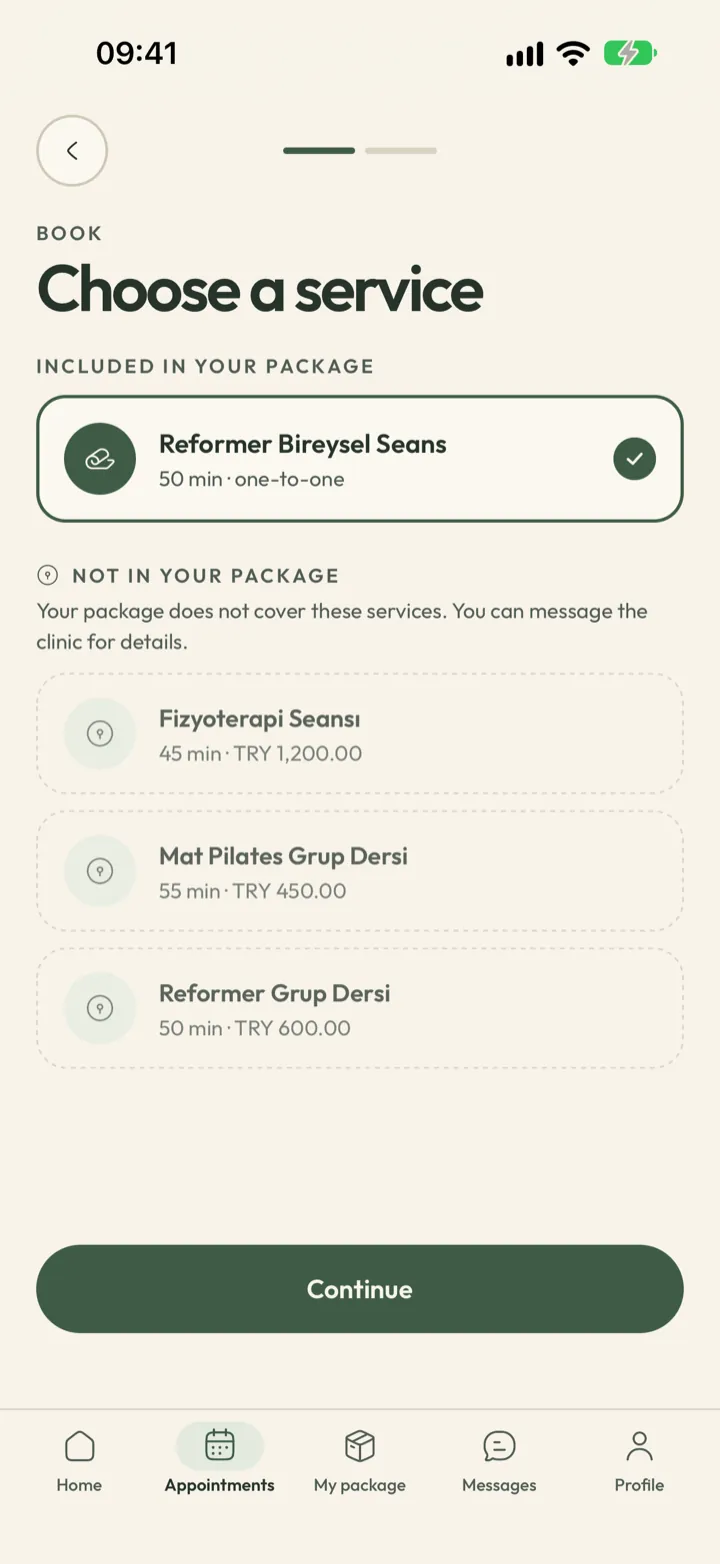 First step of booking in Corenta: the client picks a service from their pack, with prices shown for anything outside it