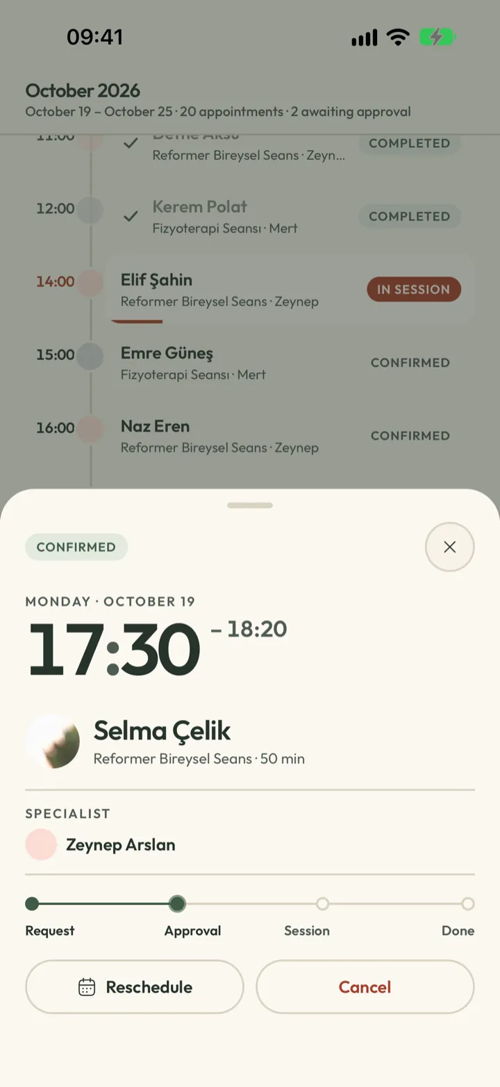 Corenta appointment detail: a confirmed reformer session, the assigned instructor, request to confirmed to done, reschedule and cancel