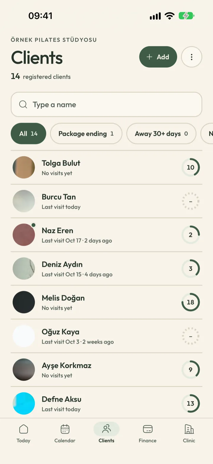 Corenta client list with search, filters for packs running out and clients who haven't been in lately, and visit counts