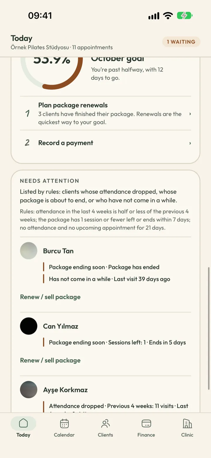 Corenta growth score card showing a score of 63, the missing steps and the monthly revenue goal