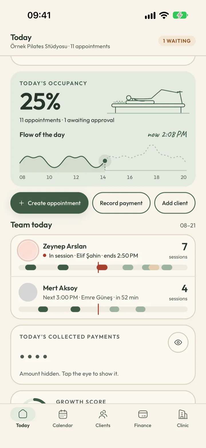 Corenta owner Today screen showing 25 percent of today's slots booked, hour-by-hour busyness, each instructor's day and a hidden takings card