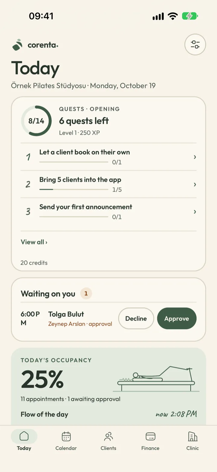 Corenta owner screen with 8 of 14 setup quests done, one booking request waiting for approval and today's occupancy