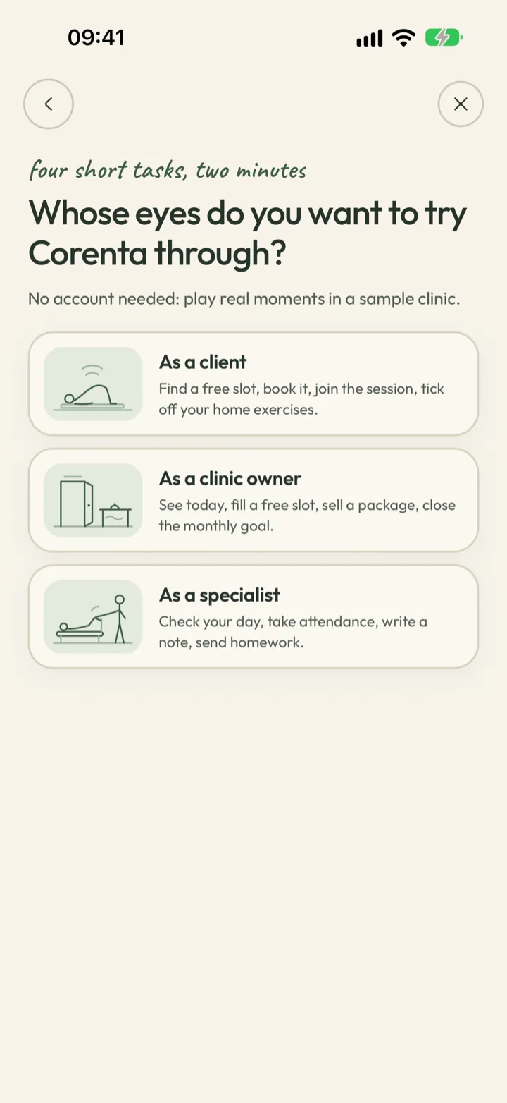 Trying Corenta without an account: choose to walk through a sample clinic as a client, owner or instructor