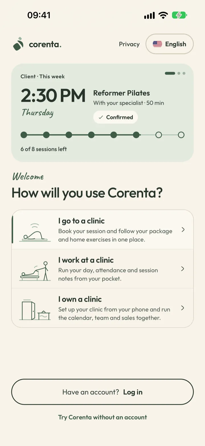 Corenta's try-it-without-an-account screen, offering to start as a clinic owner, an instructor or a client
