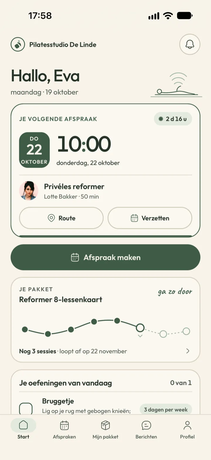 Startscherm voor de cliënt in Corenta met de volgende afspraak, een balk met resterende sessies, een boekknop en de thuisoefening van vandaag