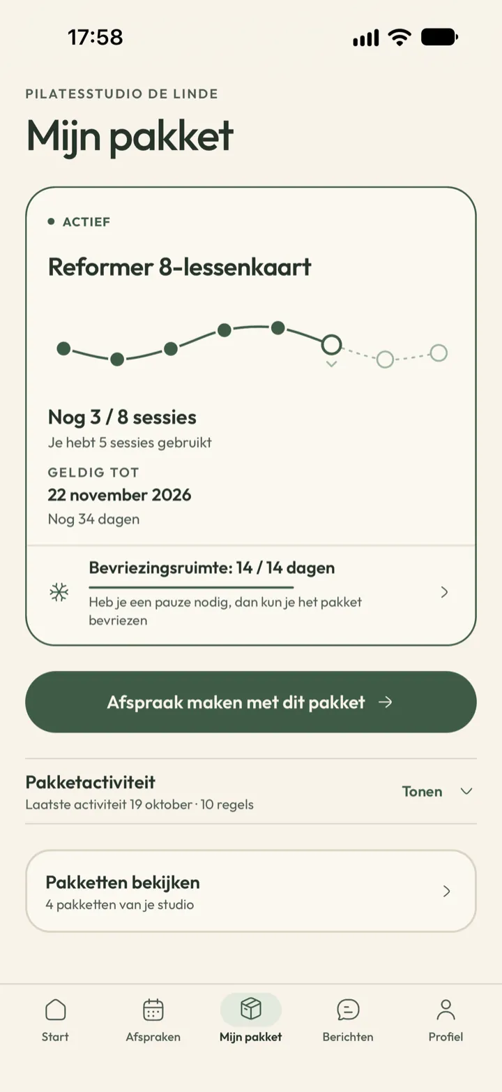 Pakketscherm voor de cliënt in Corenta met nog 3 van de 8 sessies, de einddatum en het tegoed om te pauzeren