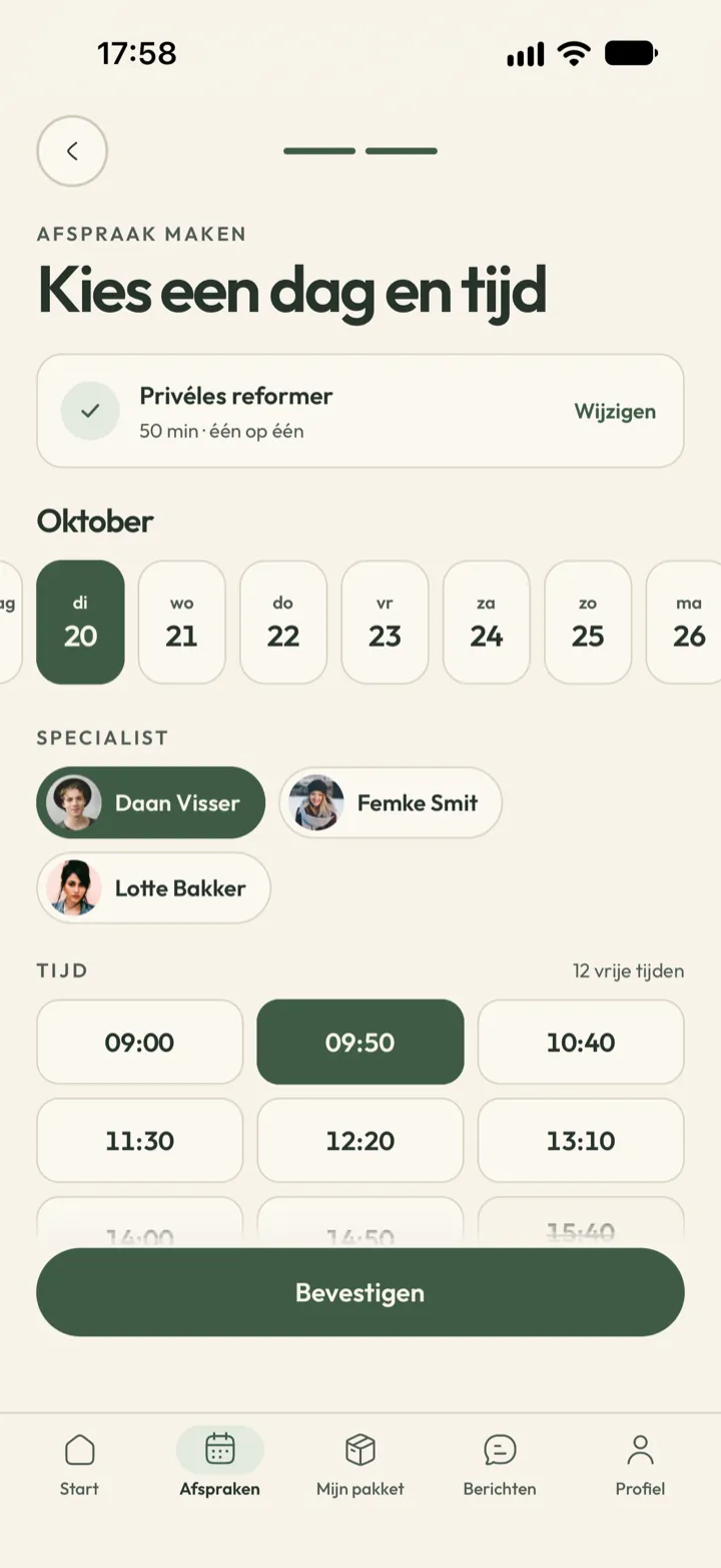 Boeken in Corenta: de cliënt kiest een dag, een tijd en een specialist uit de vrije plekken