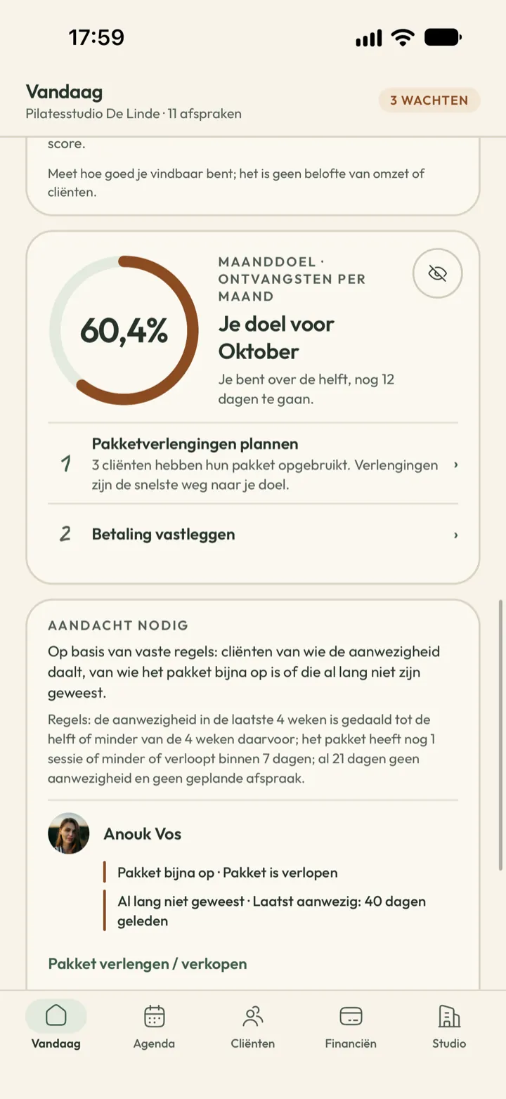 Groeiscorekaart in Corenta met een score van 63, de ontbrekende stappen en het omzetdoel van de maand