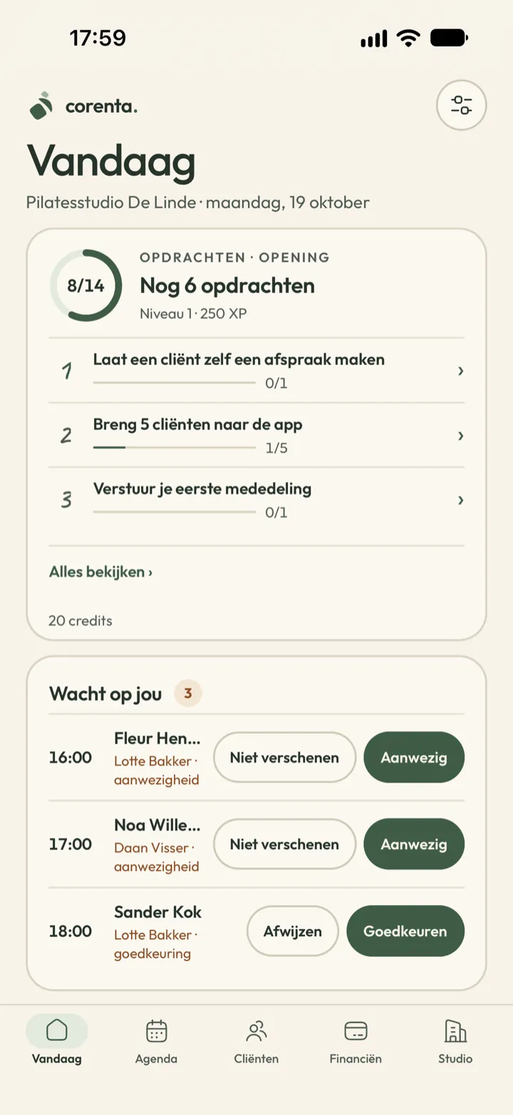 Eigenaarsscherm in Corenta met 8 van de 14 opstartopdrachten klaar, één aanvraag die op goedkeuring wacht en de bezetting van vandaag