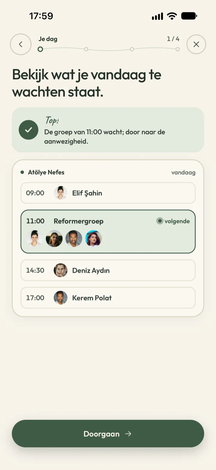 Scherm voor de specialist in Corenta met de volgende reformergroepsles en de sessies van de dag op tijdvolgorde
