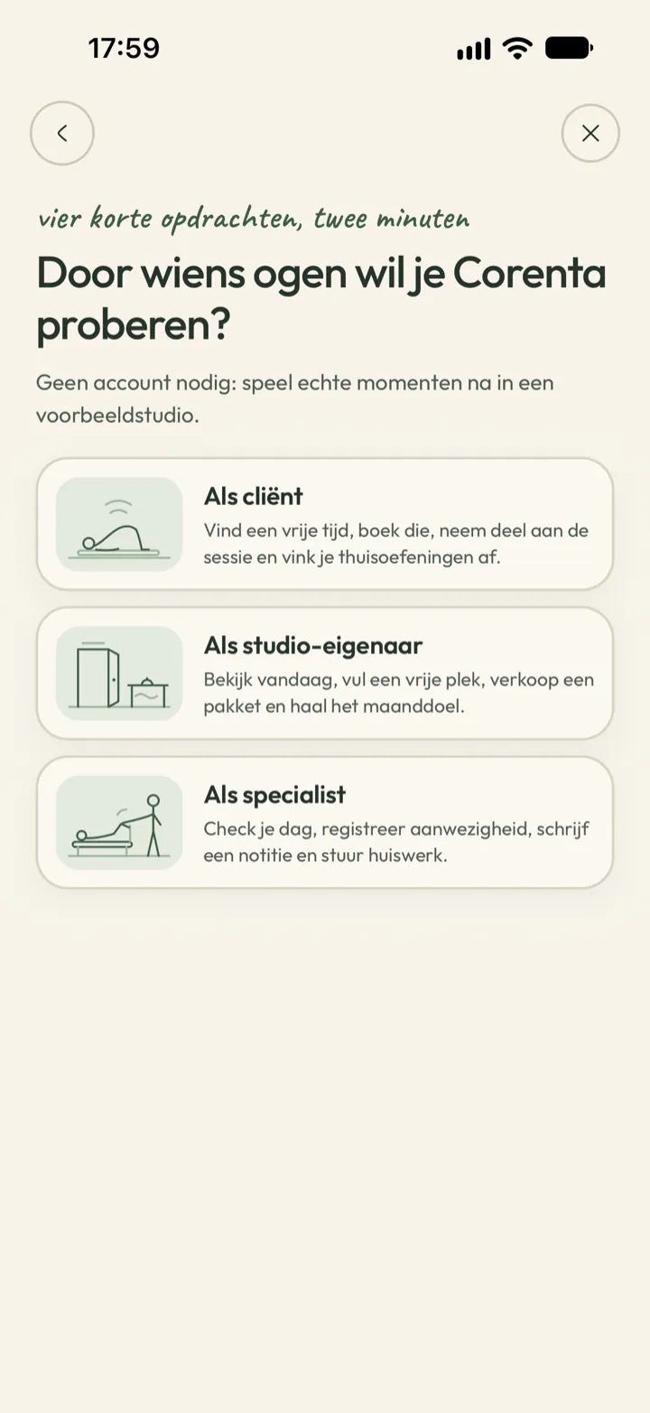 Corenta proberen zonder account: kies of je een voorbeeldkliniek bekijkt als cliënt, eigenaar of specialist