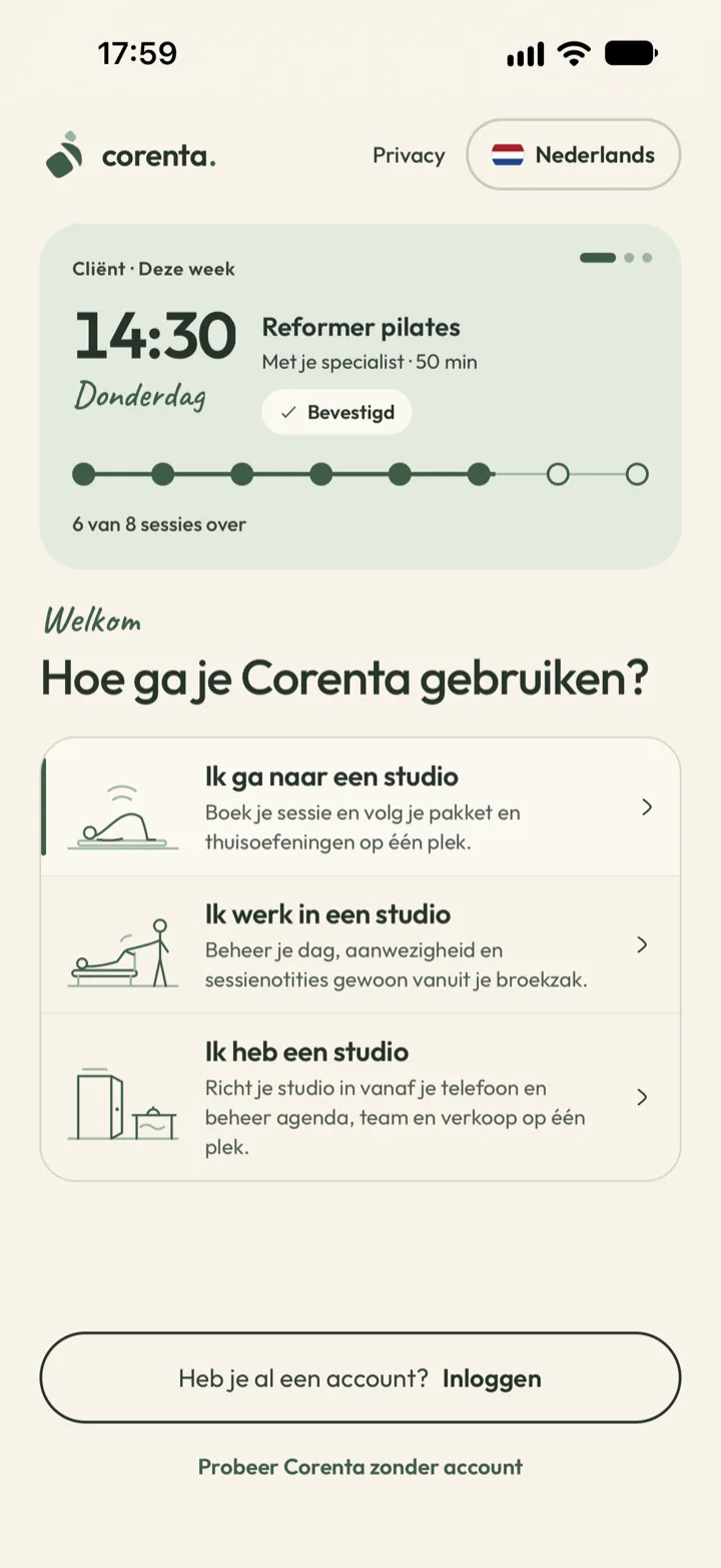 Scherm in Corenta om zonder account te proberen, met de keuze om te starten als eigenaar van een kliniek, als specialist of als cliënt