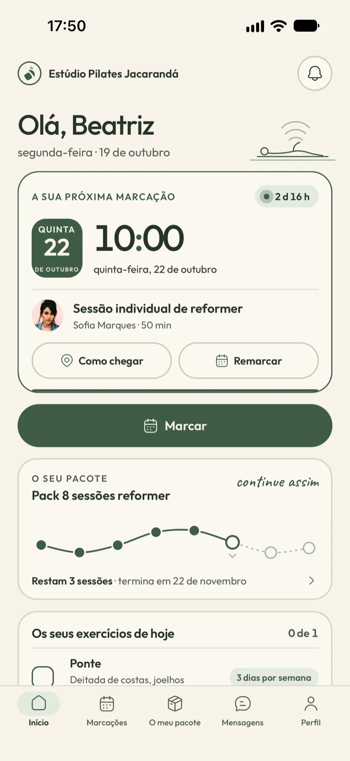 Início do cliente na Corenta com a próxima marcação, uma barra com as sessões que faltam, o botão para marcar e o exercício do dia para casa