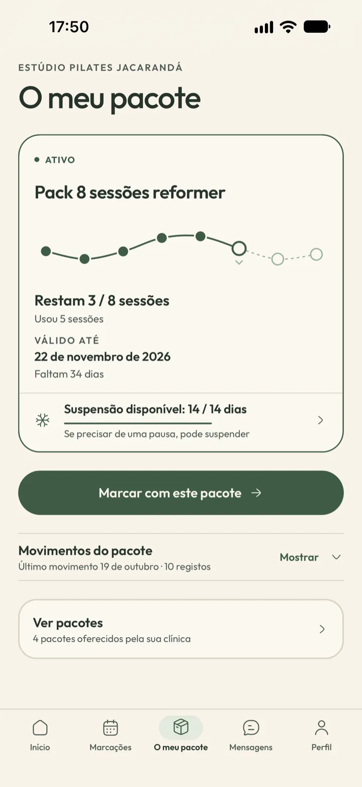 Ecrã do pacote do cliente na Corenta com 3 de 8 sessões por usar, a data de fim e os dias de suspensão disponíveis