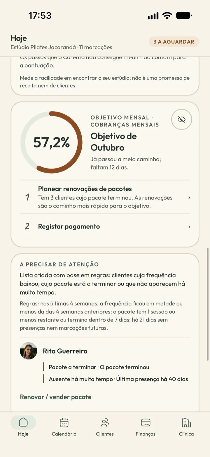Cartão da pontuação de crescimento da Corenta com 63 pontos, os passos que faltam e o objetivo de receitas do mês