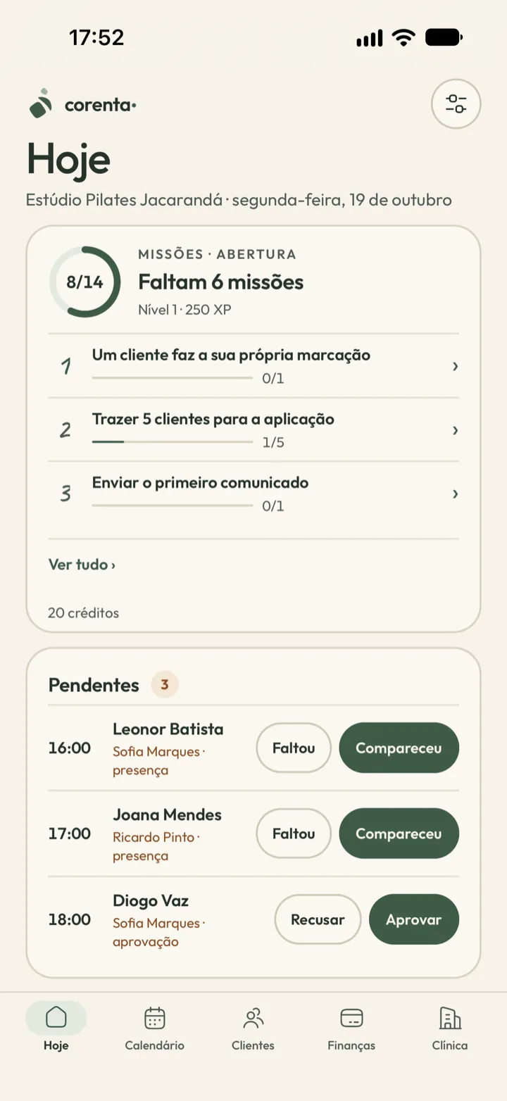 Ecrã do proprietário na Corenta com 8 de 14 missões de configuração concluídas, um pedido de marcação à espera de aprovação e a ocupação de hoje