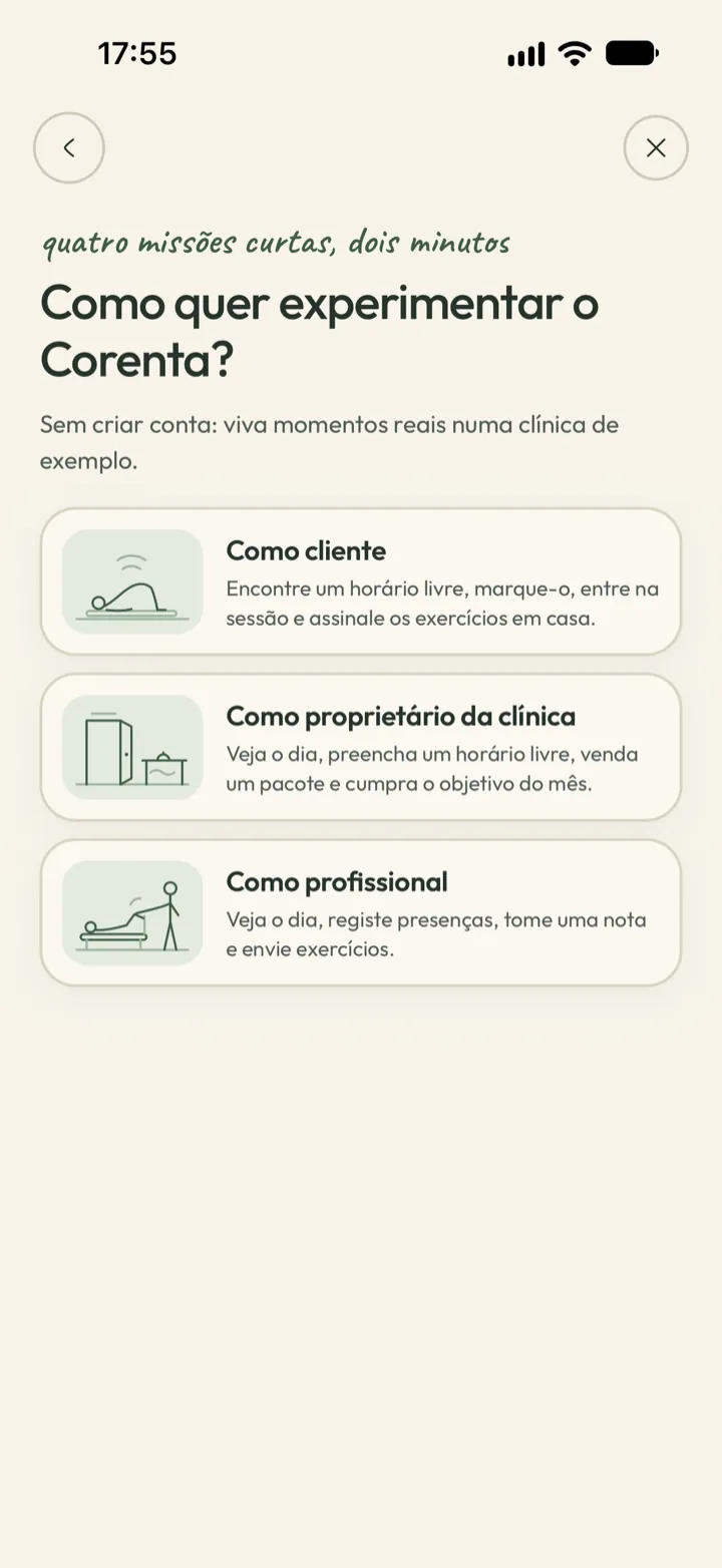 Experimentar a Corenta sem conta: escolher conhecer uma clínica de exemplo como cliente, proprietário ou profissional
