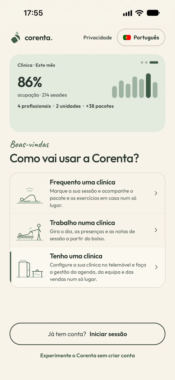 Ecrã da Corenta para experimentar sem conta, com a opção de começar como proprietário, profissional ou cliente