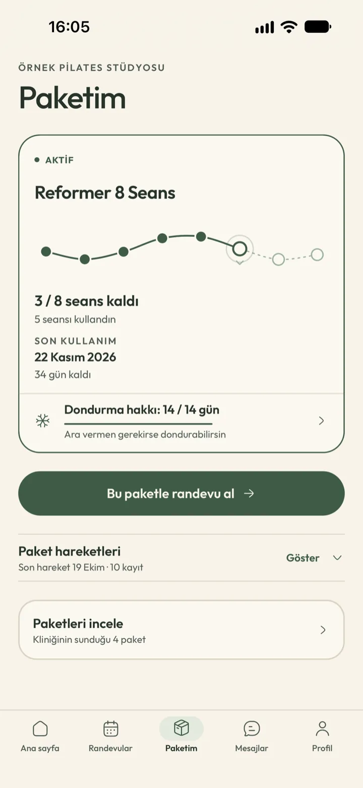 Corenta danışanın paketim ekranı: 8 seanslık paketten 3 seans kalmış, bitiş tarihi ve dondurma hakkı