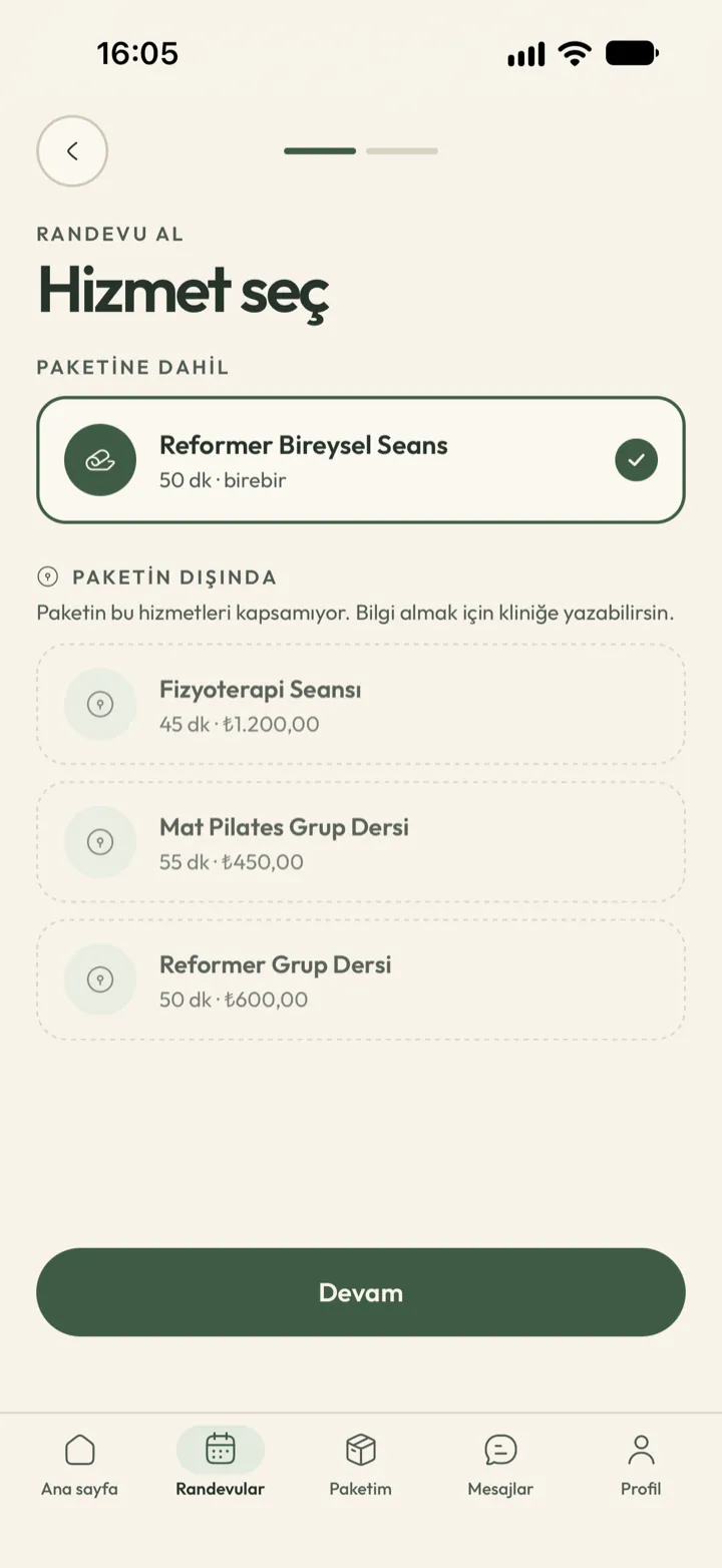Corenta'da randevu almanın ilk adımı: danışan paketine dahil hizmeti seçiyor, paket dışı hizmetlerin fiyatı yazıyor