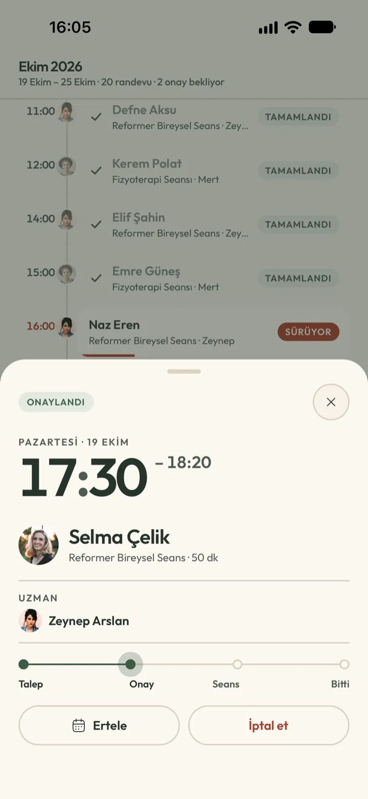 Corenta randevu ayrıntısı: onaylanmış reformer seansı, atanmış eğitmen, talep-onay-seans adımları, erteleme ve iptal