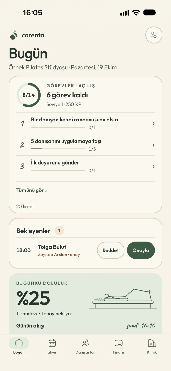 Corenta sahip ekranı: kurulum görevleri 8/14 tamamlanmış, onay bekleyen bir randevu talebi ve bugünkü doluluk