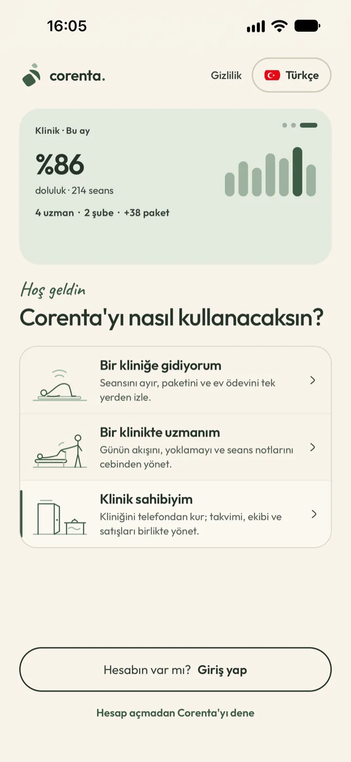 Corenta'yı hesap açmadan deneme ekranı: klinik sahibi, eğitmen ya da danışan olarak başlama seçenekleri